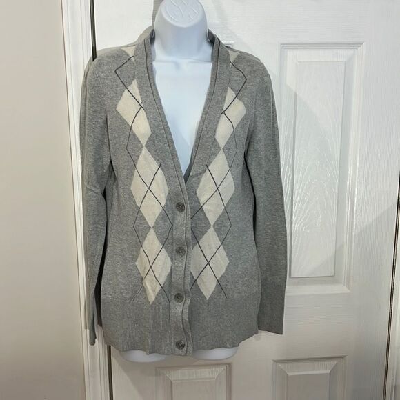 Banana Republic Grey Argyle Cotton Double V Collar Cardigan Sweater size S - Picture 1 of 6
